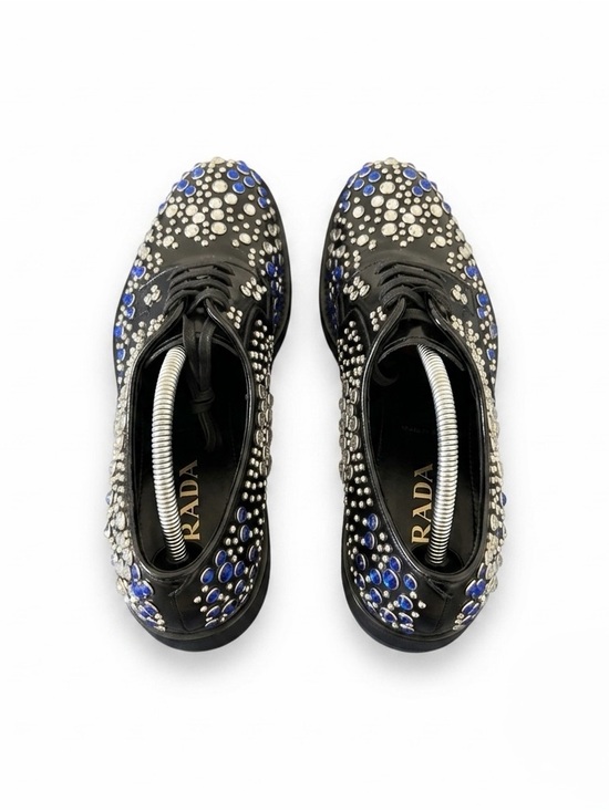 Prada Crystal Stud Embellished Derby Shoes Black Leather US 10.5 main image 7